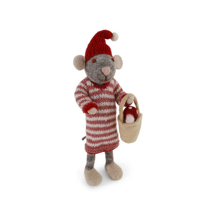 Filzfigur Maus grau groß mit Pilz im Eimer