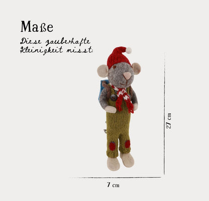 Filzfigur Maus grau groß mit grüner Hose & Rucksack