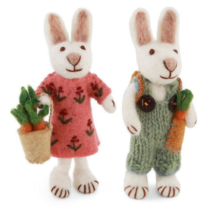Österliche Figuren Weiße Hasen – Mädchen & Junge mit Karottenkörben