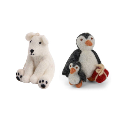 Handgefertigtes Wintertier-Set aus Wollfilz mit Eisbär und Pinguin von Gry & Sif – liebevolle Weihnachtsdekoration im nordischen Stil.