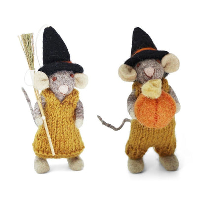 Filzfigur Baby Maus grau klein mit Besen und  Kleid & Baby Maus mit Kürbis und Hose 2er Set