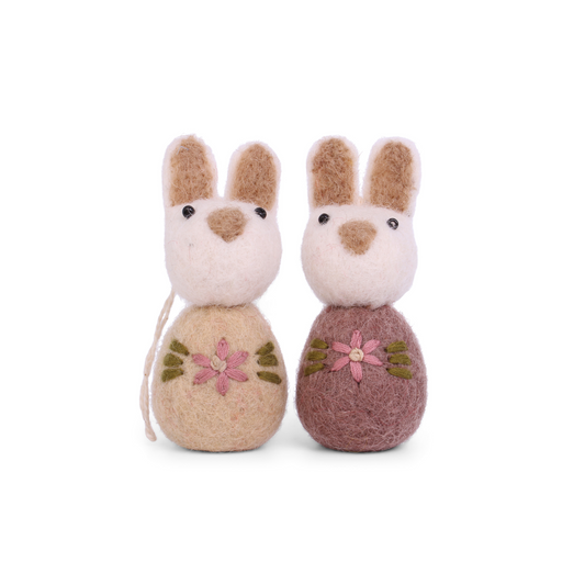 Pendant embroidered bobble bunnies beige and lavender, set of 2