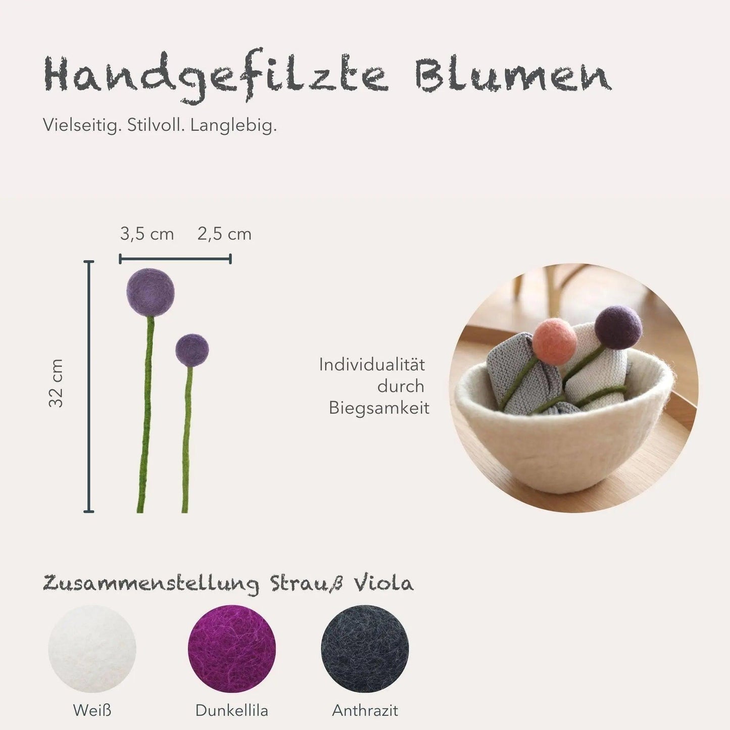Filzlig Blumenstrauß Viola  Gry & Sif Maße