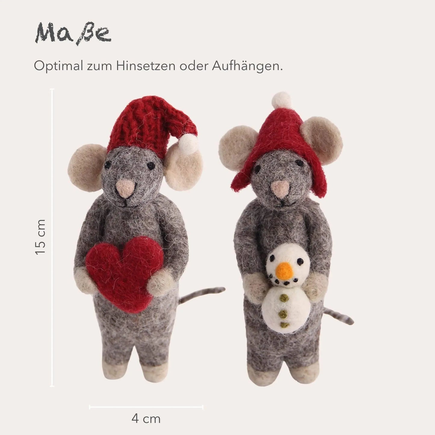 Filzlig Weihnachtsfiguren Graue Mäuse mit Herz & Schneemann  Gry & Sif Maße