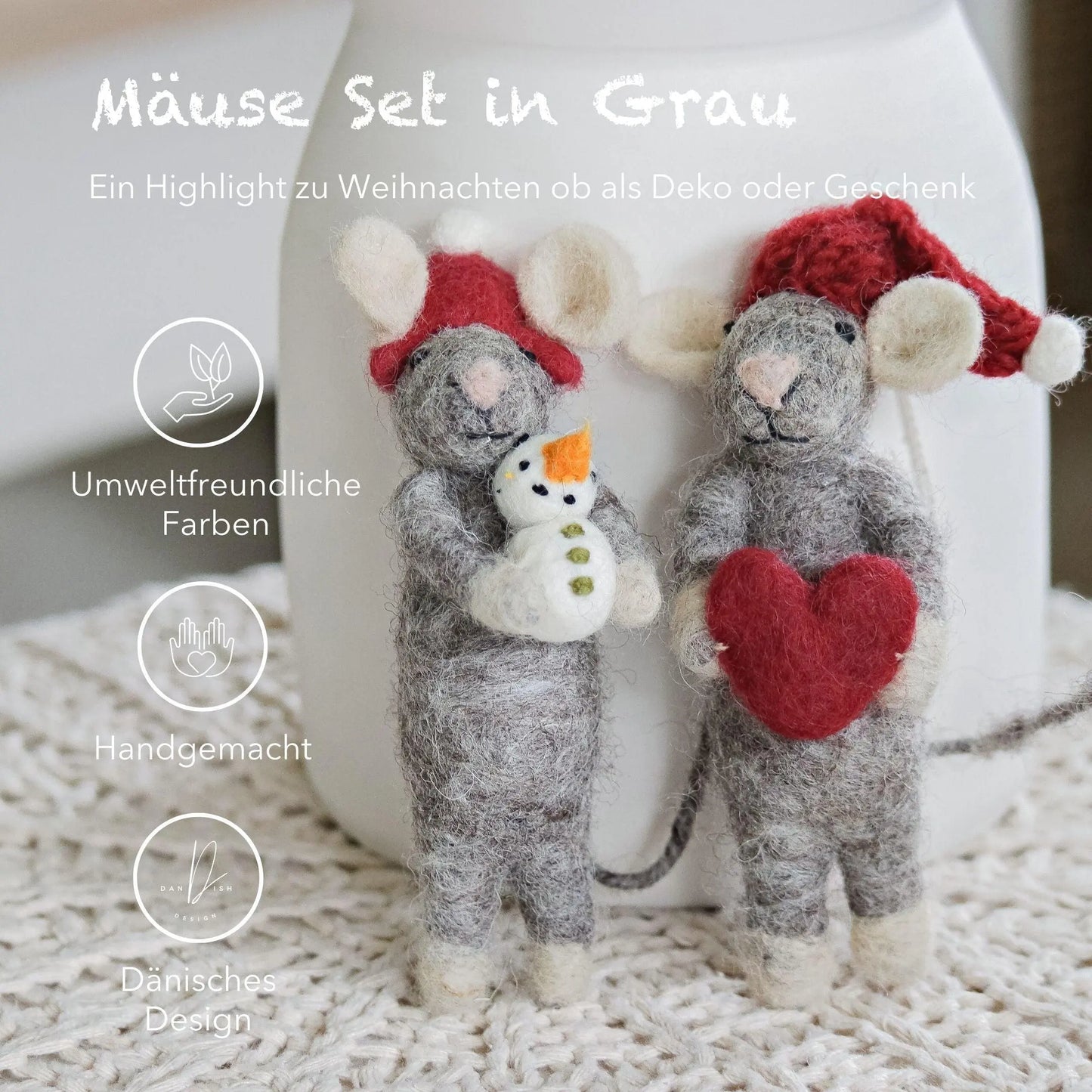 Filzlig Weihnachtsfiguren Graue Mäuse mit Herz & Schneemann  Gry & Sif
