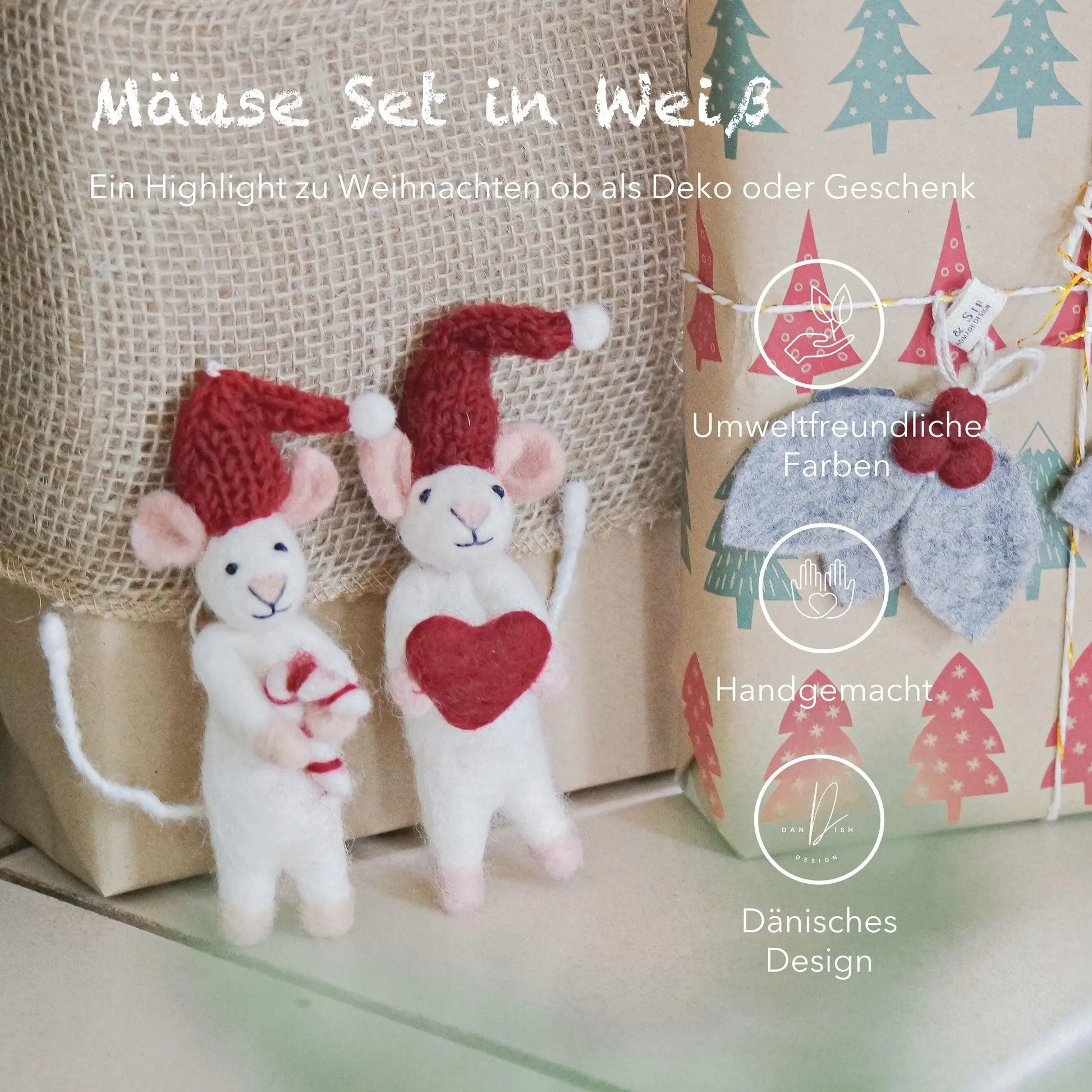 Filzlig Weihnachtsfiguren weiße Mäuse mit Herz & Zuckerstange  Gry & Sif USPs