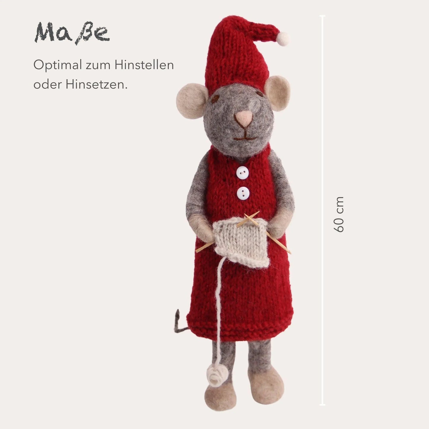 Filzlig XL Weihnachtsfigur Maus mit Strickzeug  Gry & Sif Maße