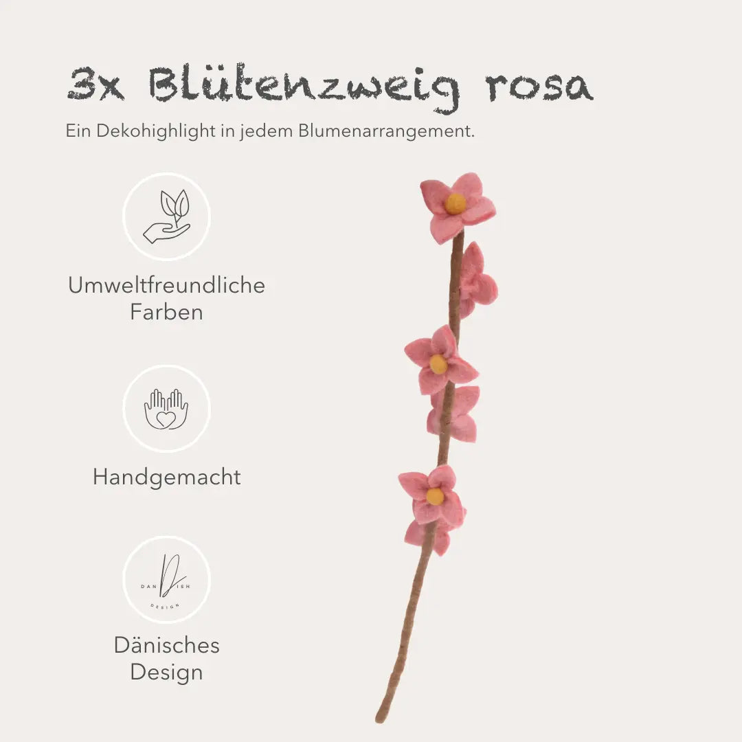 Filzlig Zweig - Blütenzweig rosa 3er Set  Gry & Sif USPs