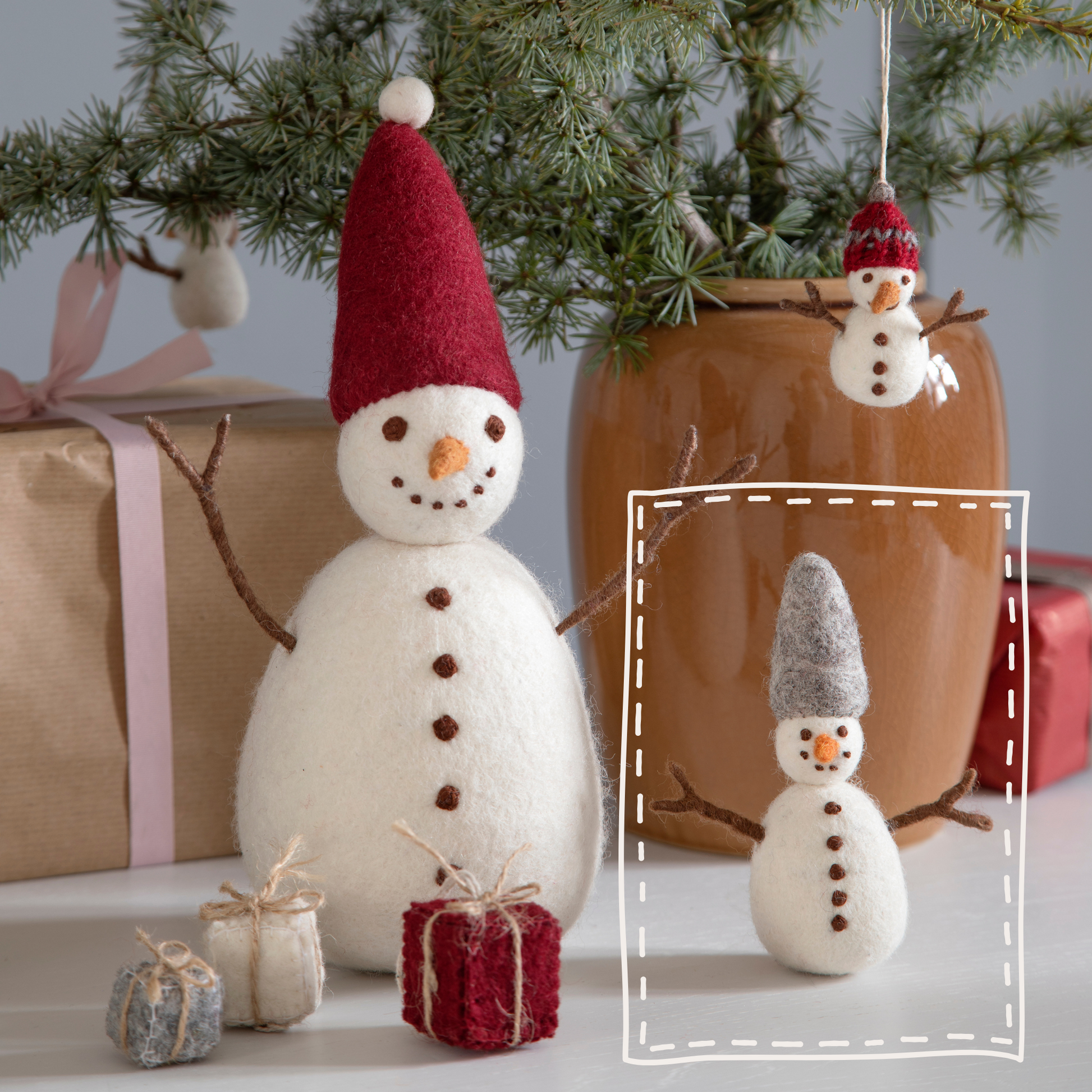 Filzlig Figuren Schneemänner roter + grauer Hut  Gry & Sif Anwendungsbild