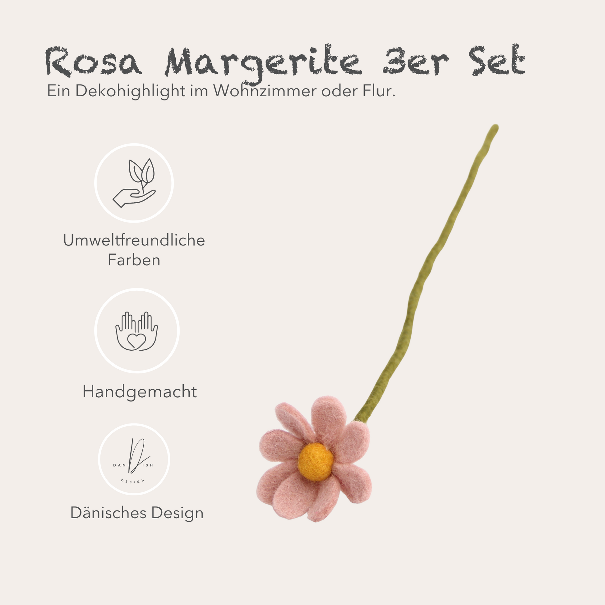 Gry & Sif handgefilzte Rosa Margerite 3er Set, Anemone, Kunstblume – Filzlig