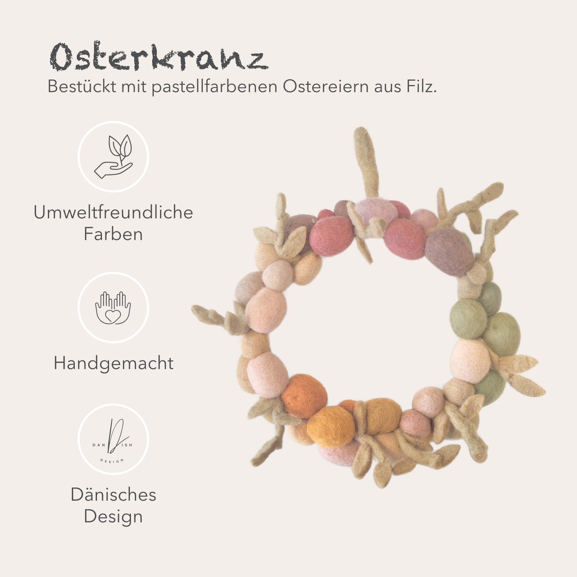 Mit pastellfarbenen Ostereiern bestückter Osterkranz, Umweltfreundliche Farben, Handgemacht und dänisches Design