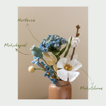 Blumenstrauß Pramila – Filzblumen für die Vase - Die Pramila-Komposition vereint klassische Formen mit einem verspielten Farbmix:

1x Hortensie in Blau

1x Mohnkapsel

1x Mohnblume

1x Rosenzweig

1x Blütenzweig mit zarten Blüten

2x Gräser für extra Volumen

1x Blattzweig in Buttergelb

1x Kugelblume