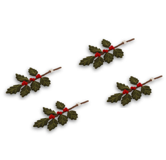 Vier handgefertigte Mini-Steckpalmenzweige aus Filz in kräftigem Grün von Gry & Sif – nachhaltige Weihnachtsdeko aus Nepal