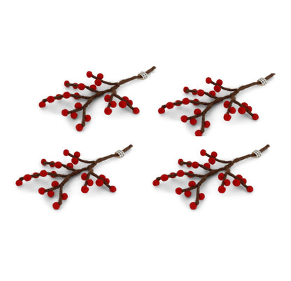 Vier handgefertigte Mini-Filzzweige mit leuchtend roten Beeren aus 100 % Schurwolle, nachhaltiges Fair-Trade-Design von Gry & Sif für Weihnachtsdeko.