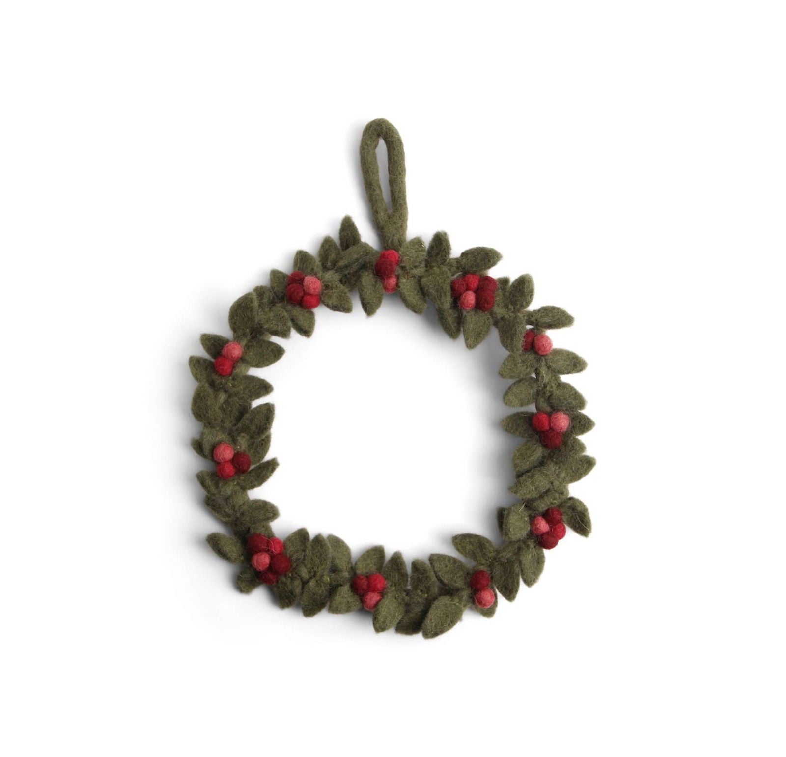 Handgefilzter kleiner Türkranz aus Wollfilz in Grün mit roten Beeren – nachhaltige Weihnachtsdeko von Gry & Sif, fair gehandelt und liebevoll handgemacht