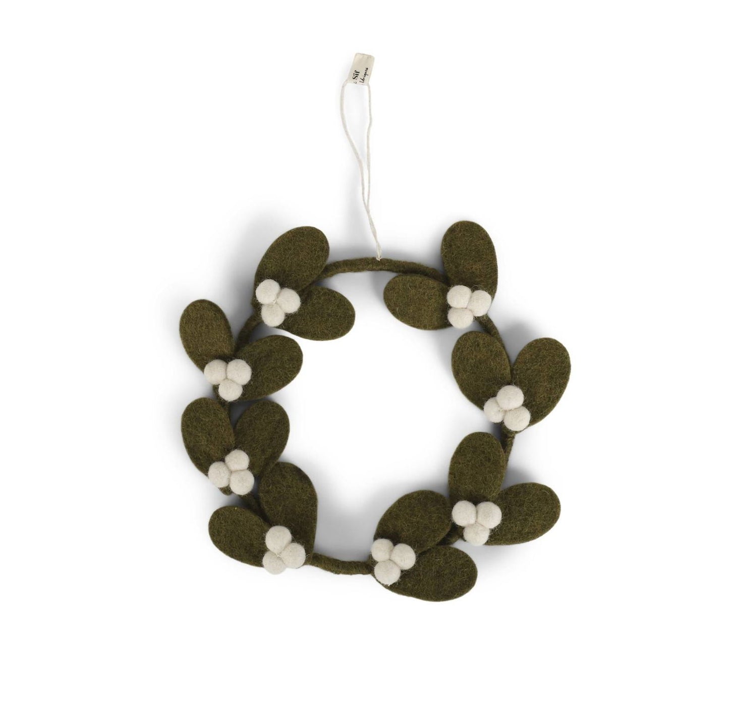 Zarter Mistelkranz aus dunkelgrünem Filz, handgefertigt in Nepal unter Fair-Trade-Prinzipien – nachhaltige Weihnachtsdekoration von Gry & Sif.